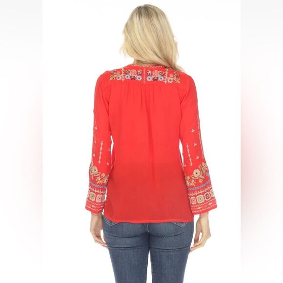 Johnny Was Red Coriander Tasseled Embroidered Blouse Boho Chic C17123 Size XXS - Picture 4 of 15